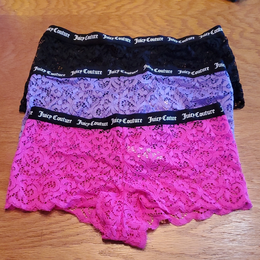Juicy Couture Black, Purple, and Pink Lace Boyshorts Trio